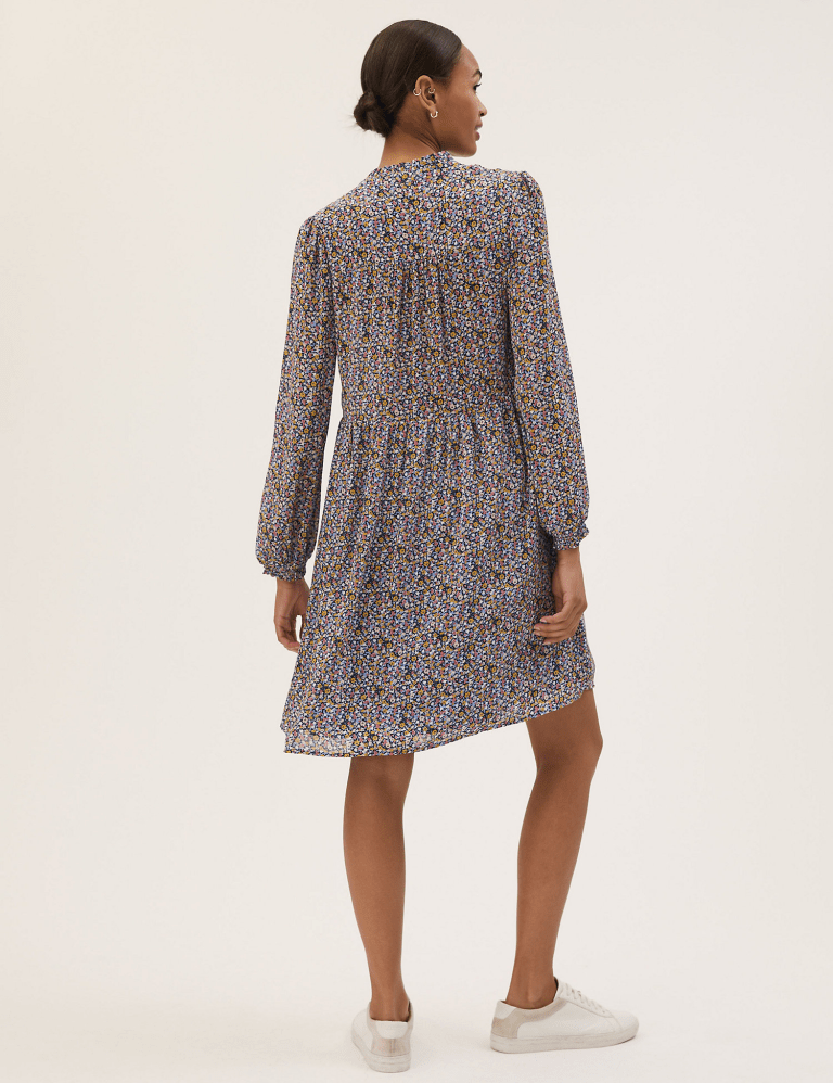 M&amp;S Sheer Ditsy Floral Tie Neck Mini Dress back view