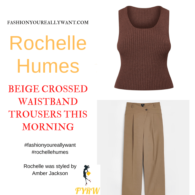 Where to get all Rochelle Humes This Morning outfits blog August 2022 beige cross waistband trousers brown rib top gold necklace