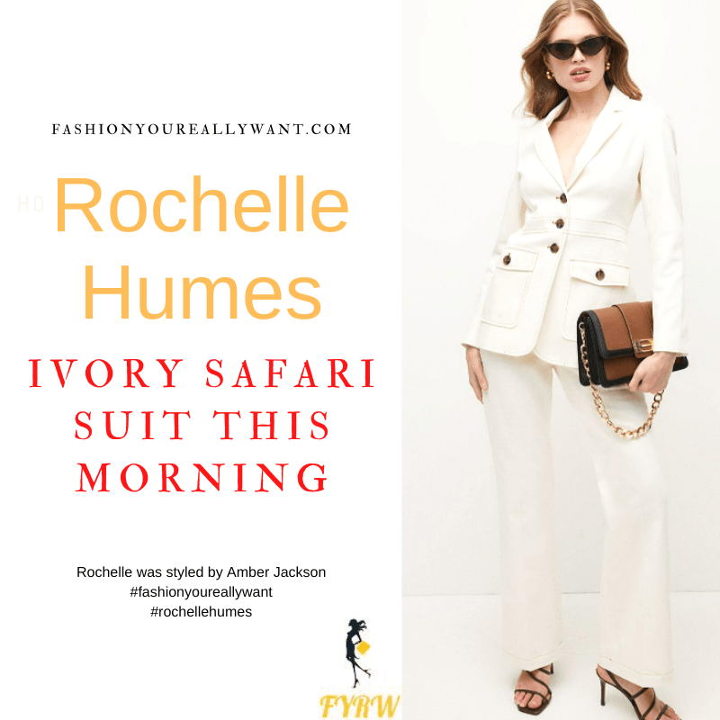 Where to get all Rochelle Humes This Morning outfits blog August 2022 cream ivory safari utility trouser suit taupe mules