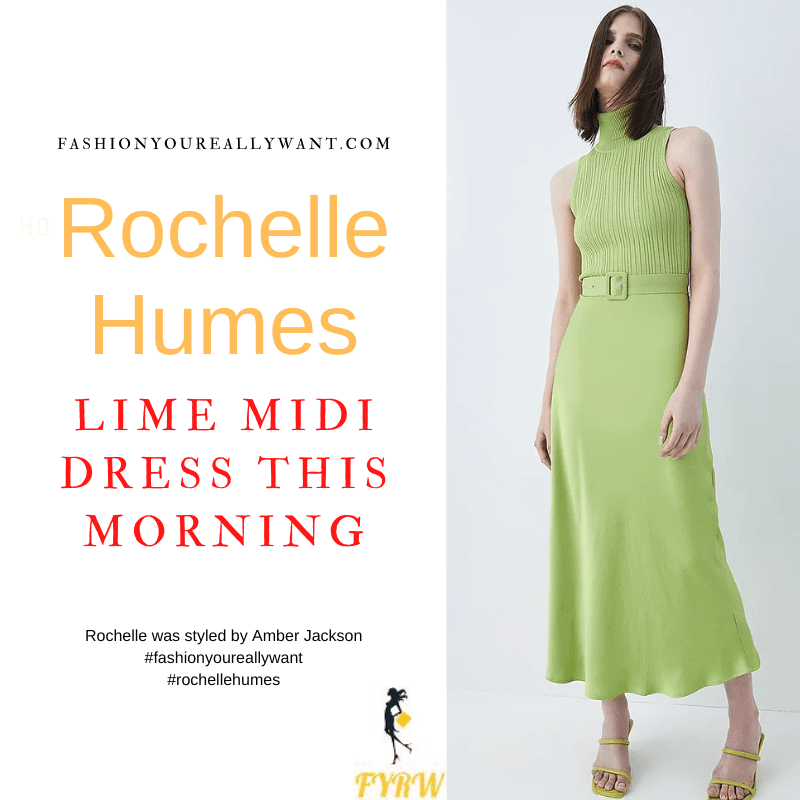 Where to get all Rochelle Humes This Morning outfits blog August 2022 lime green knit satin skirt mix midi dress croc print lime ankle boots