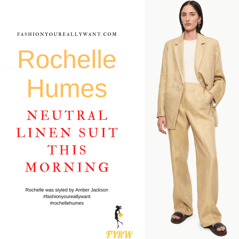 Where to get all Rochelle Humes This Morning outfits blog August 2022 sand neutral trouser suit white top white toe post mules gold hoops