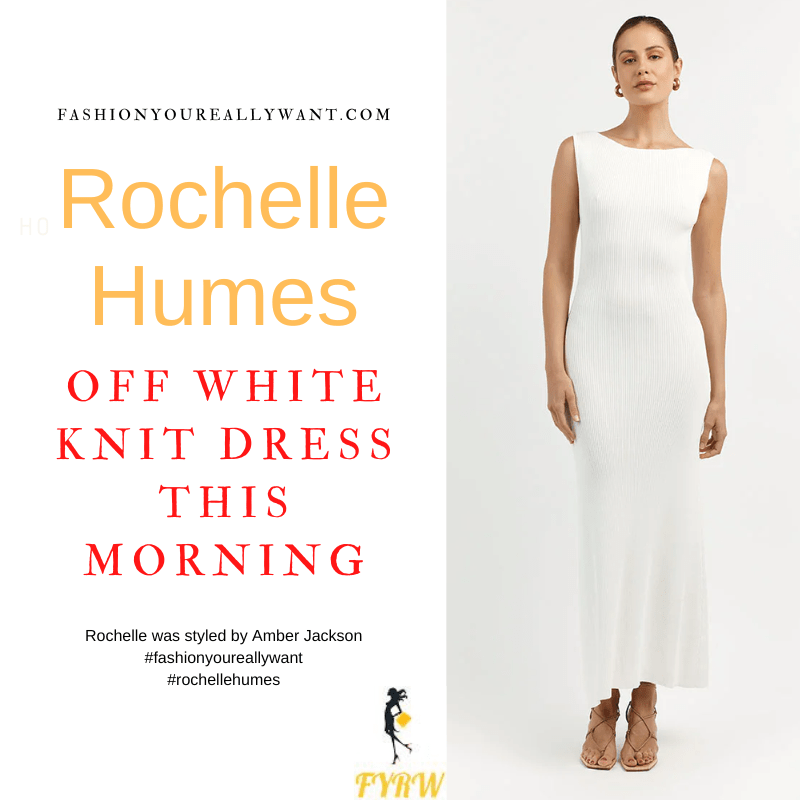 Where to get all Rochelle Humes This Morning outfits blog August 2022 off white rib knit sleeveless midi dress taupe mules
