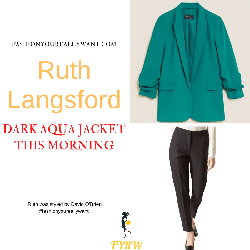 Where to get all Ruth Langsford This Morning outfits blog August 2022 green aqua jacket black trousers white top