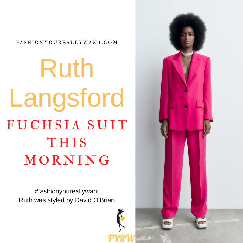 Where to get all Ruth Langsford This Morning outfits blog August 2022 fuchsia pink trouser suit pink t shirt pink court shoes