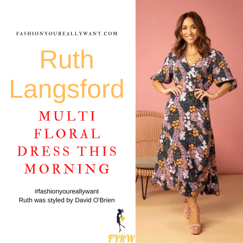 Where to get all Ruth Langsford This Morning outfits blog August 2022 multi floral v neck short sleeve midi dress