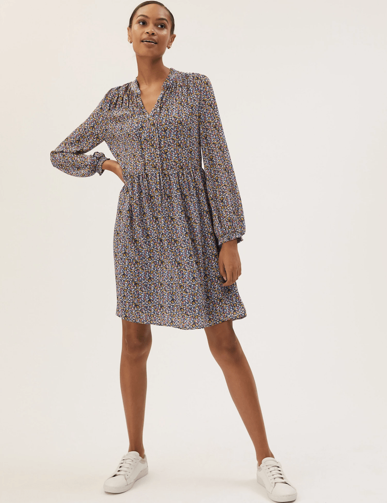 &amp;S Sheer Ditsy Floral Tie Neck Mini Dress