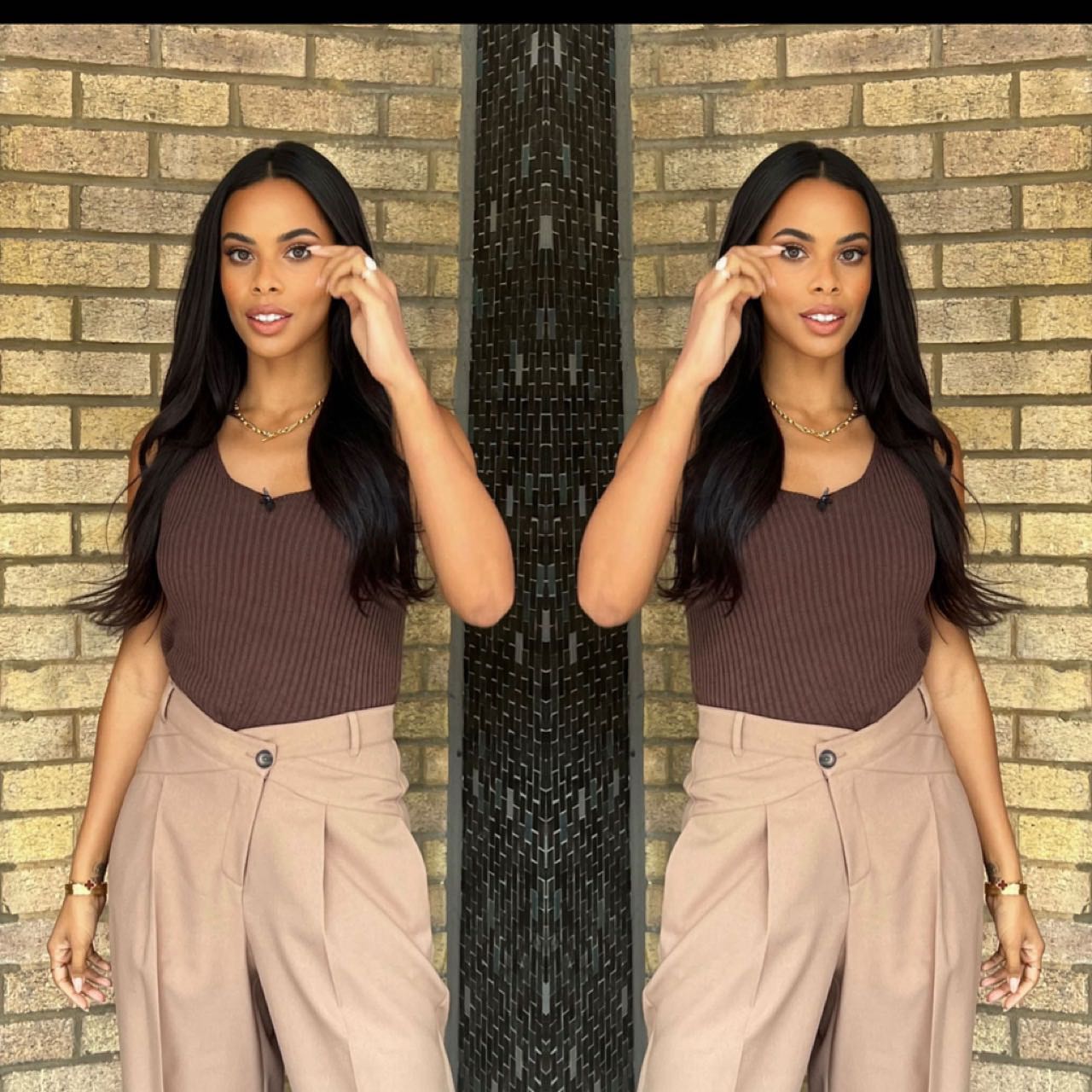 where to get all Rochelle Humes This Morning outfits beige crossed waist trousers brown rib top 30 August 2022 Photo Amber Jackson