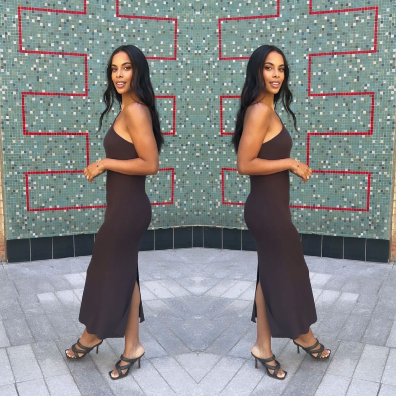 where to get all Rochelle Humes This Morning outfits brown rib knit one shouler ress olive cross strap mules 11 August 2022 Photo Amber Jackson