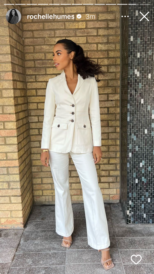 where to get all Rochelle Humes This Morning outfits ivory cream safai trouser suit taupe mules 17 August 2022 Photo Rochelle Humes