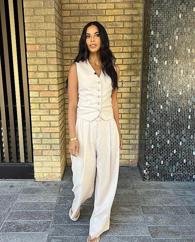 where to get all Rochelle Humes This Morning outfits neutraL PAle pink waistcoat and trousers nude toe thong mules 12 August 2022 Photo Rochelle Humes