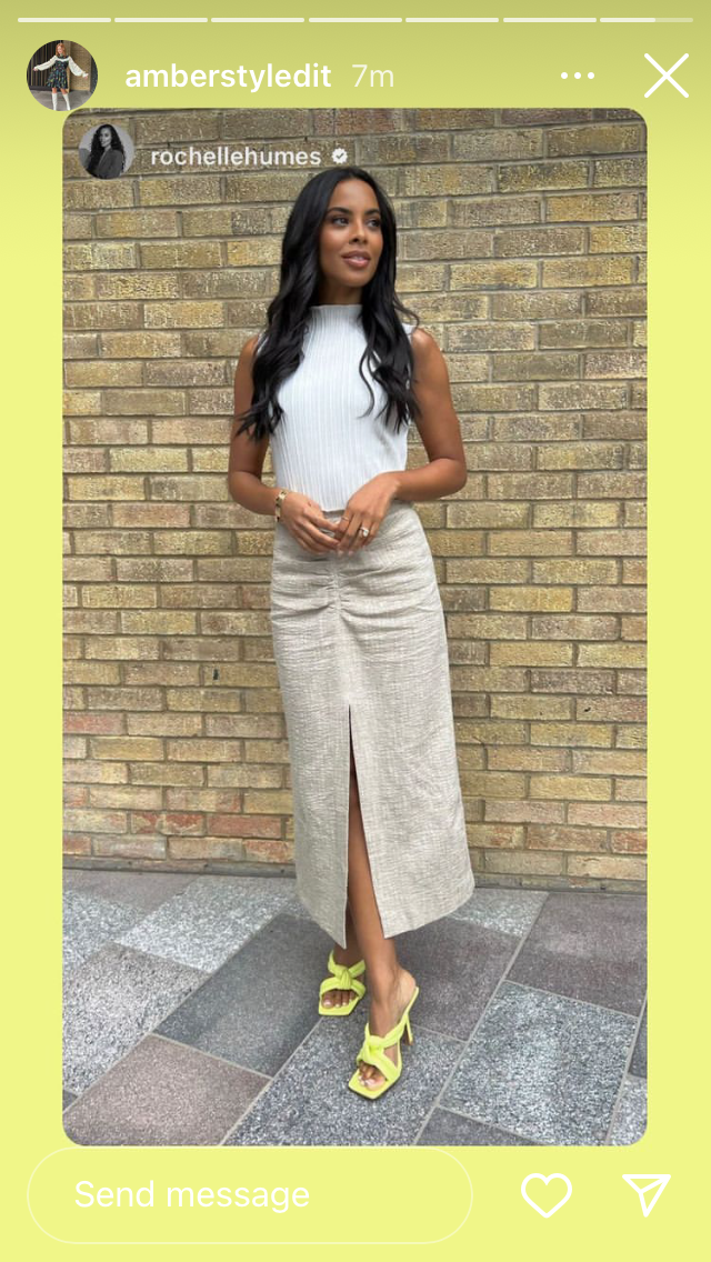where to get all Rochelle Humes This Morning outfits white rib top natural front split skirt lime knotted mules 15 August 2022 Photo Rochelle Humes