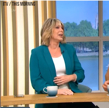 where to get all Ruth Langsford This Morning outfits green jacket black trousers white top 25 August 2022 Photo itV