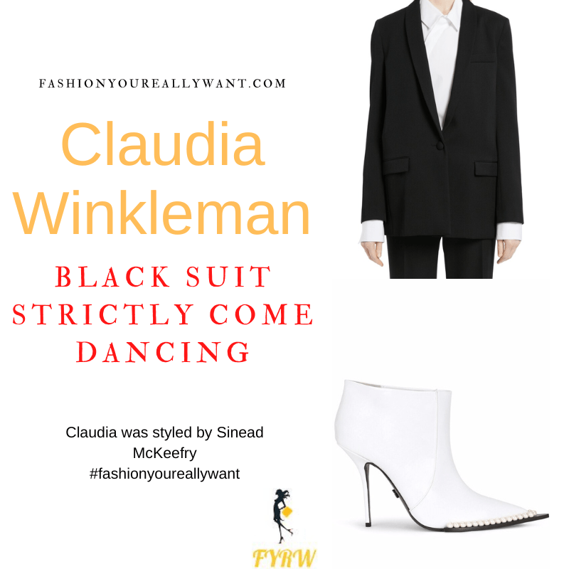 Claudia Winkleman Wore This on Strictly Come Dancing Week 1 September 2022 where to get her outfits black suit white pearl embellished pointed toe boots