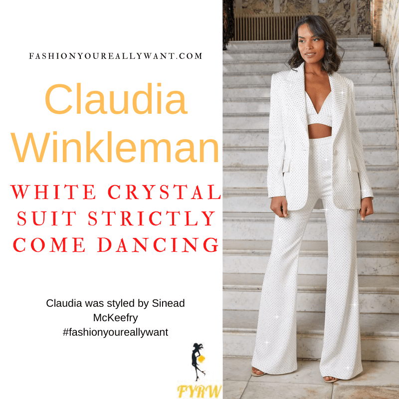 Claudia Winkleman Wore This on Strictly Come Dancing Launch Show September 2022 where to get her outfits white crystal embellished suit white shoes