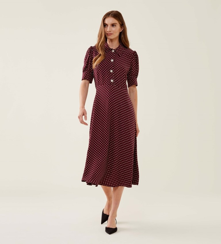 Finery Jaela Bordeaux Spot Midi Dress