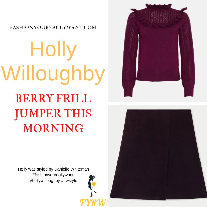 Where to get all Holly Willoughby This Morning outfits dresses blog September 2022 burgundy red pointelle frill jumper burgundy velvet mini skirt