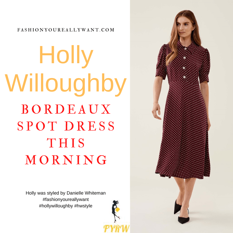 Where to get all Holly Willoughby This Morning outfits dresses blog September 2022 burgundy bordeaux polka dot spot midi dress pearl buttons burgundy suede court shoes