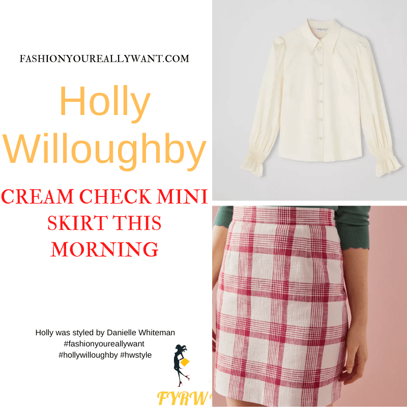 Where to get all Holly Willoughby This Morning outfits dresses blog September 2022 red and cream check tweed mini skirt cream shirred cuff blouse nude suede court shoes