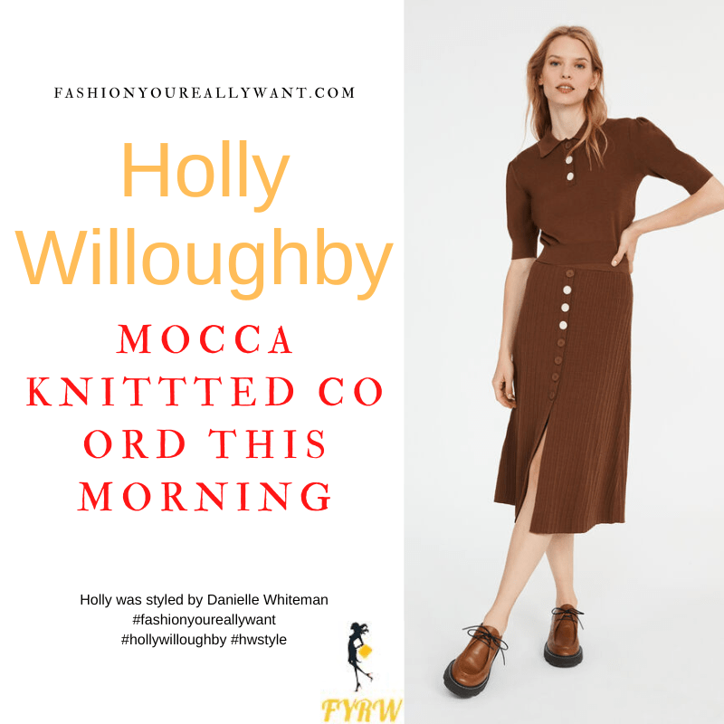 Where to get all Holly Willoughby This Morning outfits dresses blog September 2022 brown knitted polo shirt brown knitted button front skirt