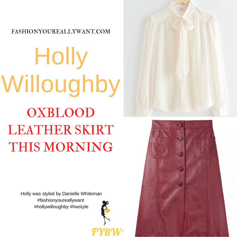 Where to get all Holly Willoughby This Morning outfits dresses blog September 2022 blood red button front leather midi skirt pussy bow white blouse nude suede court shoes