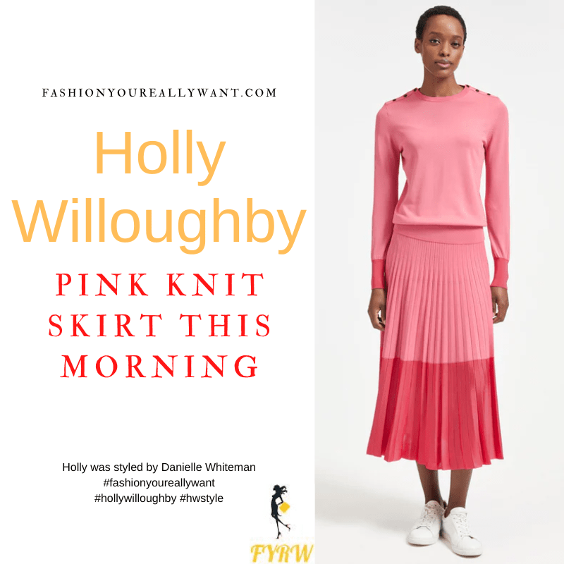 Where to get all Holly Willoughby This Morning outfits dresses blog September 2022 pleated knit contrast hem skirt pink jumper with shoulder buttons nude suede court shoes