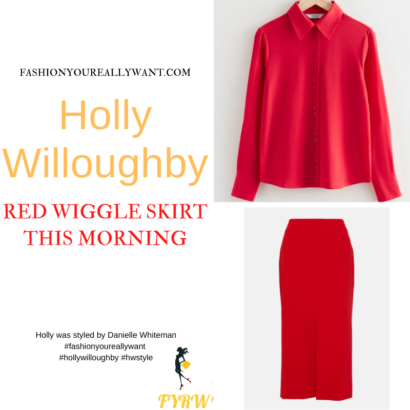 Where to get all Holly Willoughby This Morning outfits dresses blog September 2022 red silk shirt red pencil skirt with split nude suede court shoes