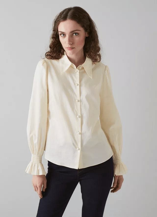 LK Bennett Etten Cream Cotton Shirred Cuff Blouse v2