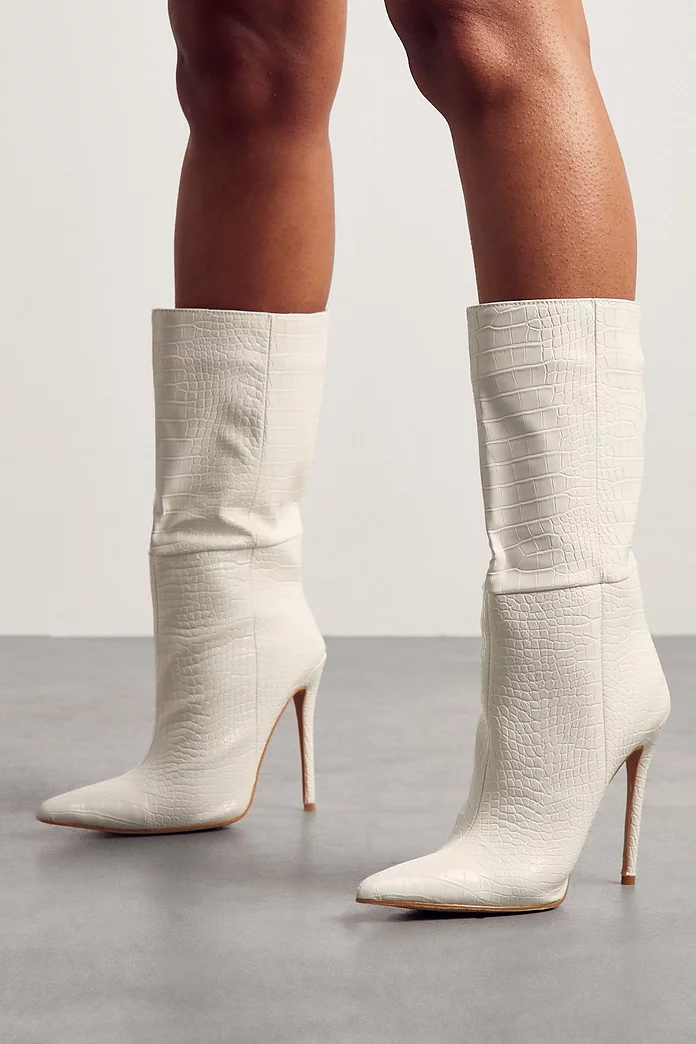 MissPap Croc Print Pointed Heeled Ankle Boots White