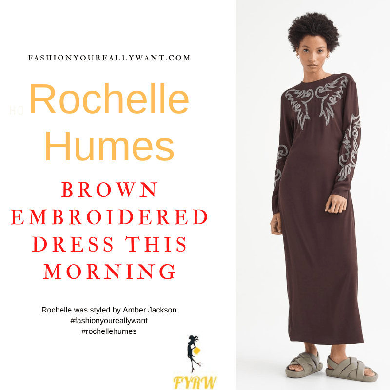 Where to get all Rochelle Humes This Morning outfits blog September 2022 brown midi dress with beige embroidery white mock croc ankle boots