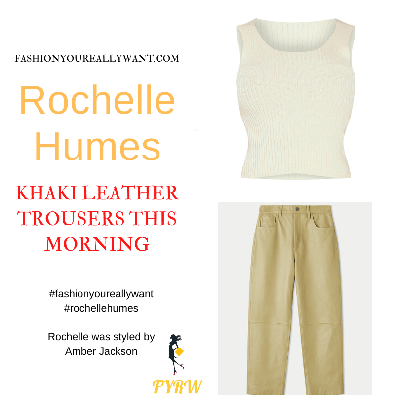 where to get all Rochelle Humes This Morning outfits khaki green leather trousers white rib top cream shirt fringe natural toe thong mules 2 September 2022