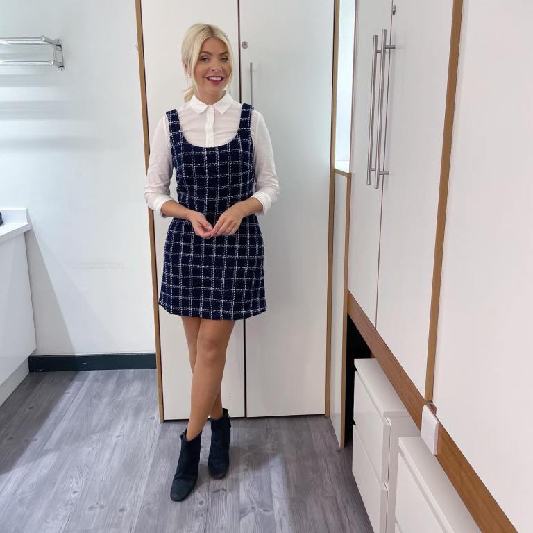 where to get all Holly Willoughby This Morning outfits blue check tweed mini dress white shirt navy suede ankle boots 6 September 2022 Photo Holly Willoughby
