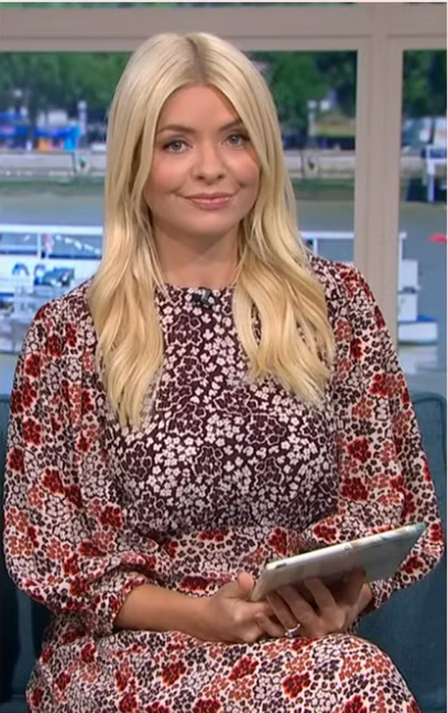 where to get all Holly Willoughby This morning outfits brown red ditsy floral mix print midi dress 22 September 2022 Photo ITV