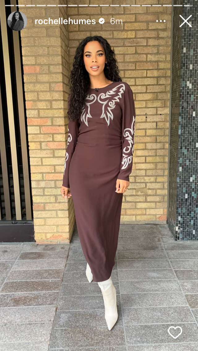where to get all Rochelle Humes This Morning outfits brown beige embroidered dress white mock croc ankle boots 1 September 2022 Photo Rochelle Humes