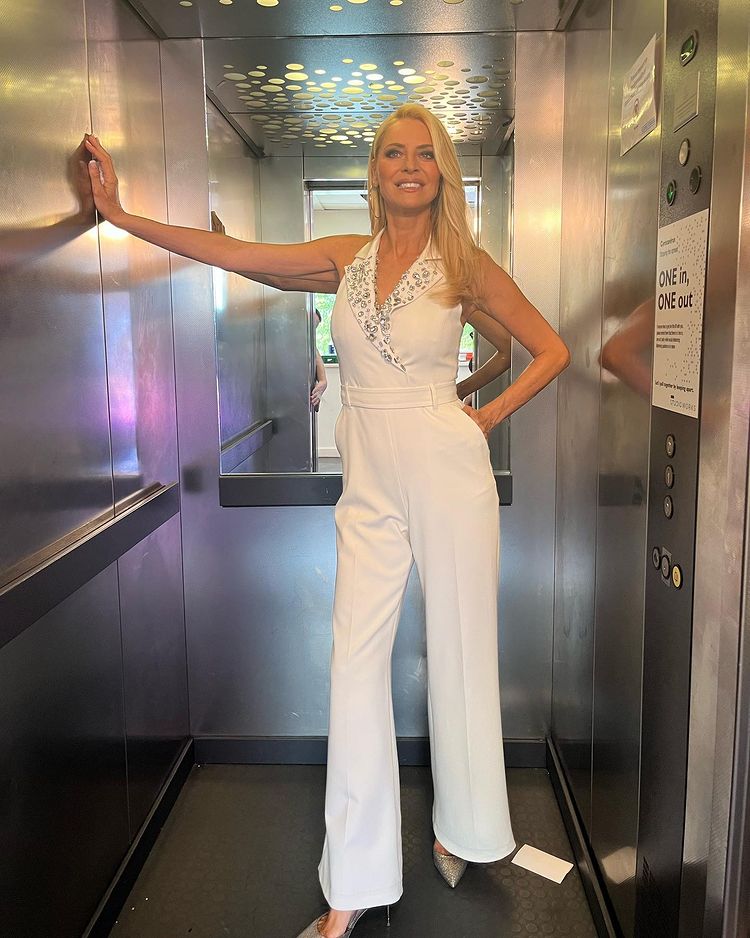 where to get all Tess Daly Strictly Come Dancing outfits white embellished jumpsuit silver shoes 23 September 2022 Photo Tess Daly