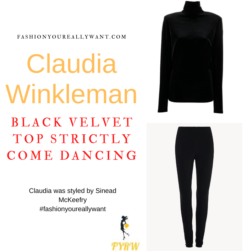 Claudia Winkleman Wore This on Strictly Come Dancing Week 2 Results October 2021 where to get her outfits black velvet polo neck top black leggings red metallic court shoes