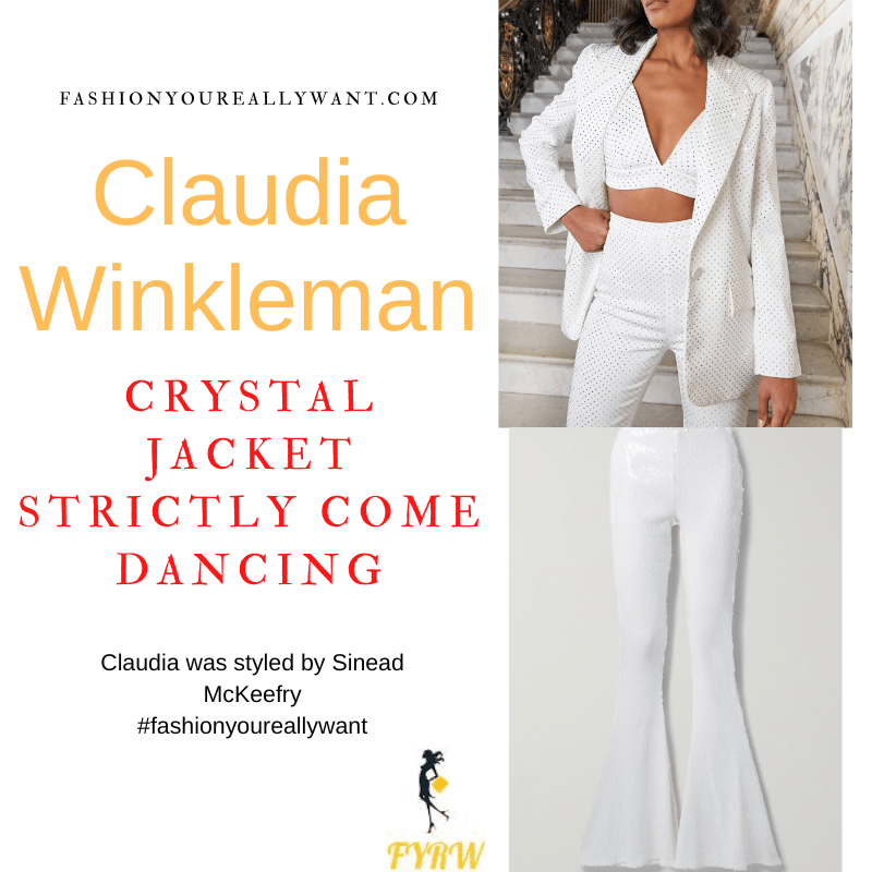 Claudia Winkleman Wore This on Strictly Come Dancing Week 3 October 2022 where to get her outfits white crystal jacket white sequin flared trousers