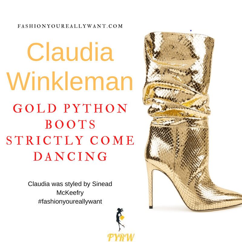 Claudia Winkleman Wore This on Strictly Come Dancing Week 4 October 2022 where to get her outfits gold python boots black dress