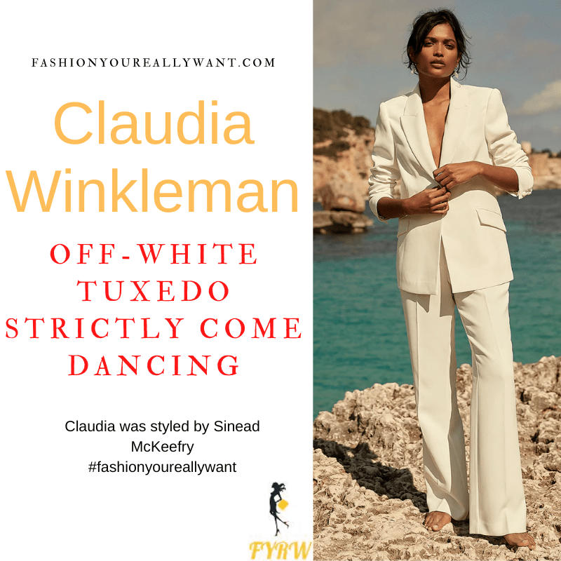Claudia Winkleman Wore This on Strictly Come Dancing Week 5 October 2022 where to get her outfits off white tuxedo black satin shirt round mother of pearl signet ring