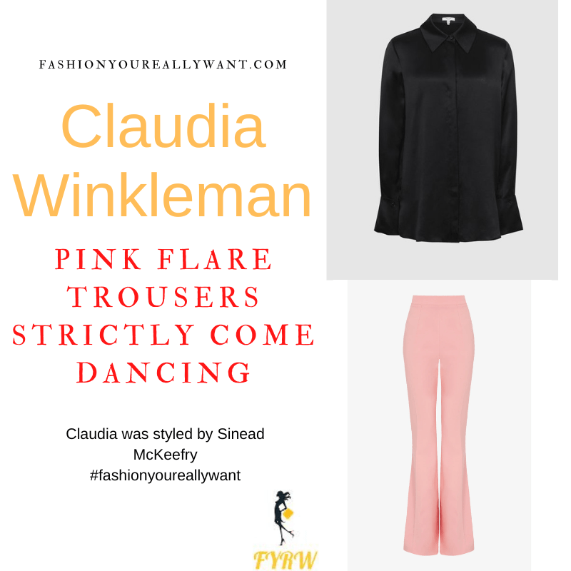 Claudia Winkleman Wore This on Strictly Come Dancing Week 2 October 2022 where to get her outfits pink flare trousers black silk blouse gold crystal embellished platform sandals