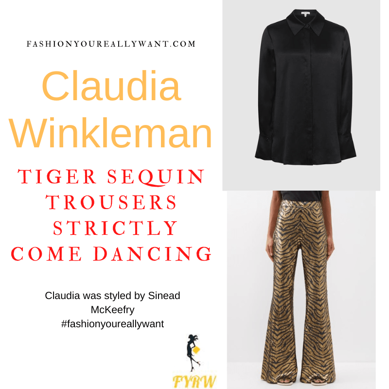 Claudia Winkleman Wore This on Strictly Come Dancing Week 6 Results October 2022 where to get her outfits black and gold tiger sequin flared trousres black silk shirt