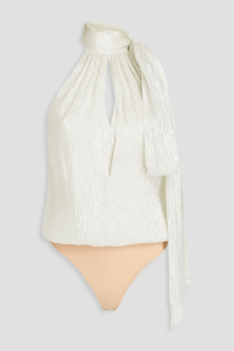 Halston Tinsel-trimmed gathered chiffon bodysuit