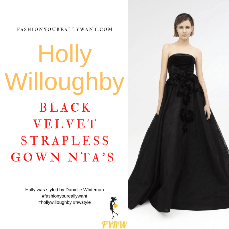 Where to get all Holly Willoughby outfits dresses blog October 2022 NTA black velvet strapless gown diamond drop earrings