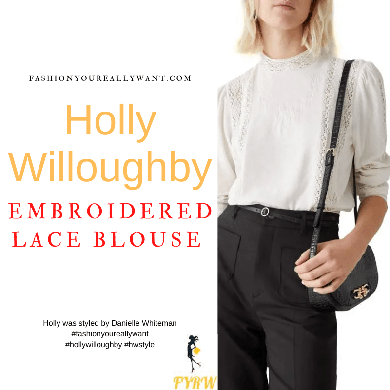 Where to get all Holly Willoughby outfits dresses blog October 2022 embroidered lace insert trim white blouse Wylde Moon