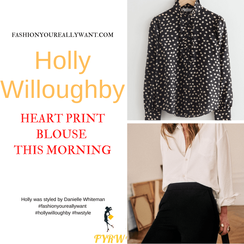 Where to get all Holly Willoughby This Morning outfits dresses blog October 2022 black and white heart print frilled blouse tapered black trousers black suede court shoes