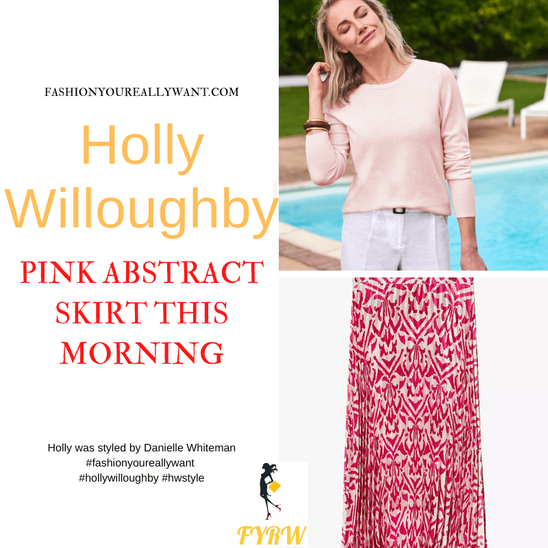 Where to get all Holly Willoughby This Morning outfits dresses blog October 2022 white and pink abstract print pleated midi skirt pale pink jumper nude suede court shoes