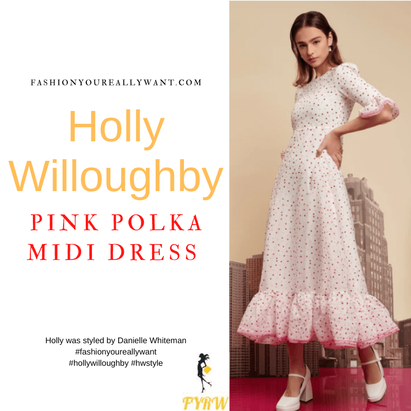Where to get all Holly Willoughby outfits dresses blog October 2022 cream and pink polka dot dress Wylde Moon