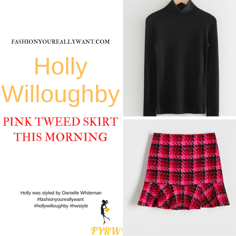 Where to get all Holly Willoughby This Morning outfits dresses blog October 2022 pink and black tweed mini skirt black polo neck jumper black suede court shoes