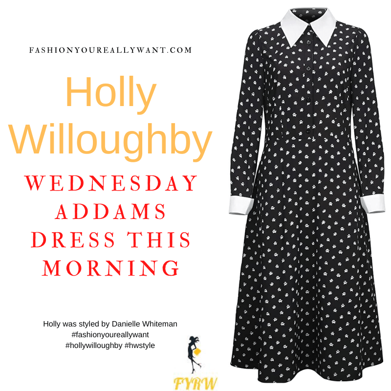Where to get all Holly Willoughby This Morning outfits dresses blog October 2022 black A line dress with white motif white collar and cuffs black Mary Jane shoes