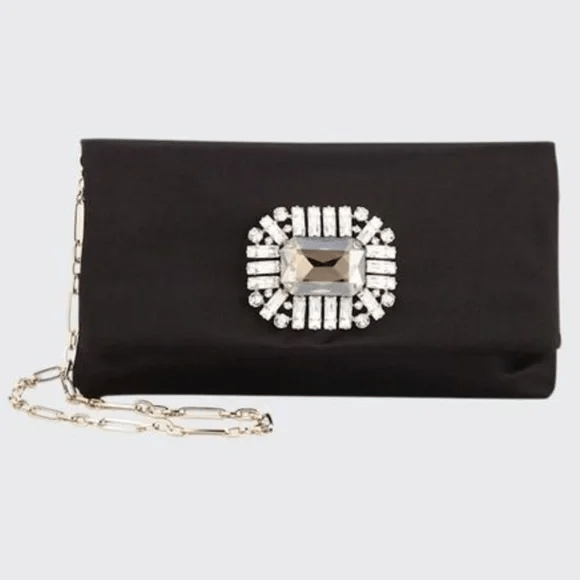 Jimmy Choo Titania Crystal Satin Clutch Embellished Crossbody Evening Black Bag