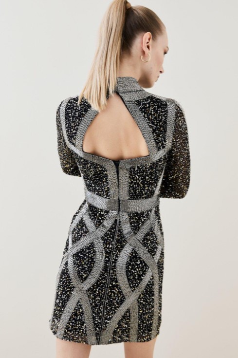 Karen Millen Embellished Beaded High Neck Woven Mini Dress back view